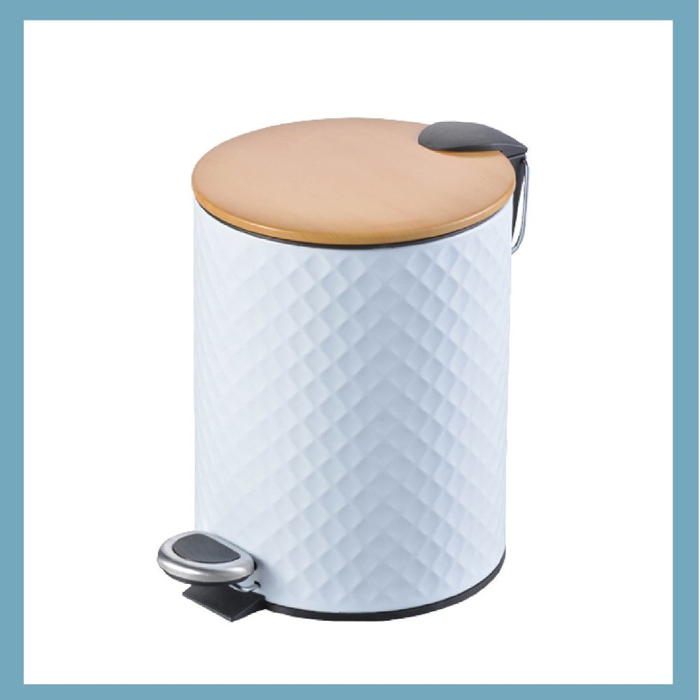 Textured White Stainless Steel Trash Can With Wooden Lid (5 Liters/ 1.3 Gallon)